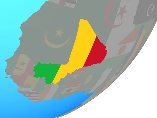 Mali Mit Eingebetteter Nationalflagge Auf Blauem Politischem Globus Illustration — Stockfoto