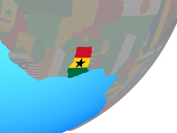 Ghana Osadzonych Flagi Narodowej Niebieski Globus Polityczny Ilustracja — Zdjęcie stockowe