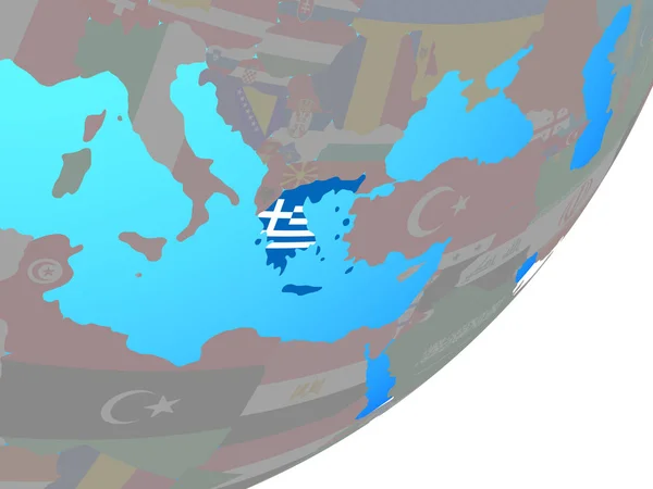 希腊在蓝色的政治世界上嵌入了国旗 — 图库照片
