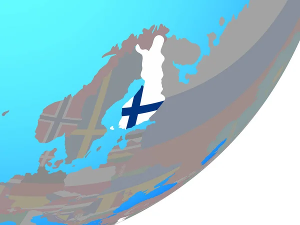 Finlandia Osadzonych Flagi Narodowej Niebieski Globus Polityczny Ilustracja — Zdjęcie stockowe