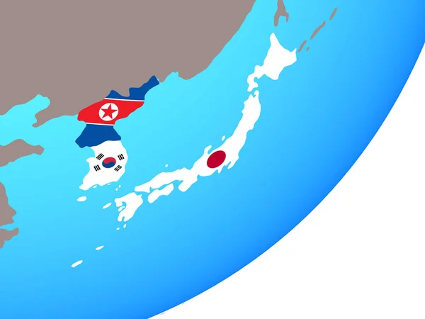 日本と青の政治世界に埋め込まれた国旗と韓国 イラストレーション — ストック写真