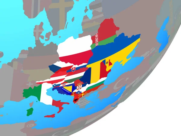 Cei Ülkelerle Katıştırılmış Ulusal Bayrak Mavi Siyasi Dünya Üzerinde Çizim — Stok fotoğraf