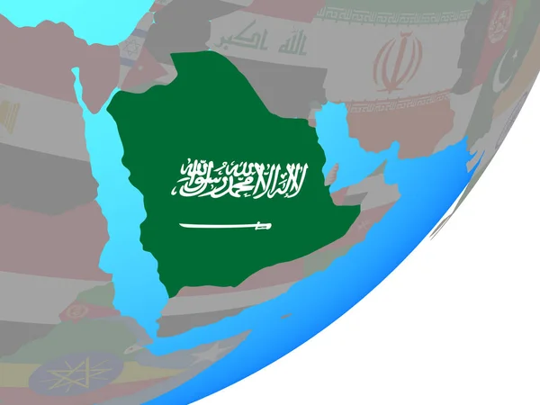 Саудовская Аравия Встроенным Национальным Флагом Голубом Политическом Глобусе Иллюстрация — стоковое фото