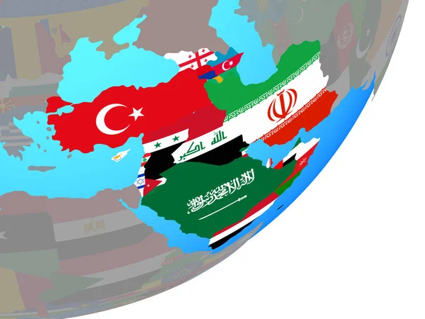 Westasien Mit Eingebetteter Nationalflagge Auf Blauem Politischem Globus Illustration — Stockfoto
