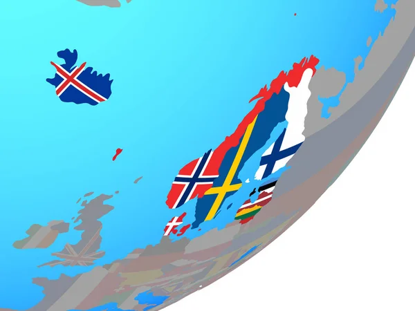 Północnej Europie Osadzonych Flagi Narodowej Niebieski Globus Polityczny Ilustracja — Zdjęcie stockowe