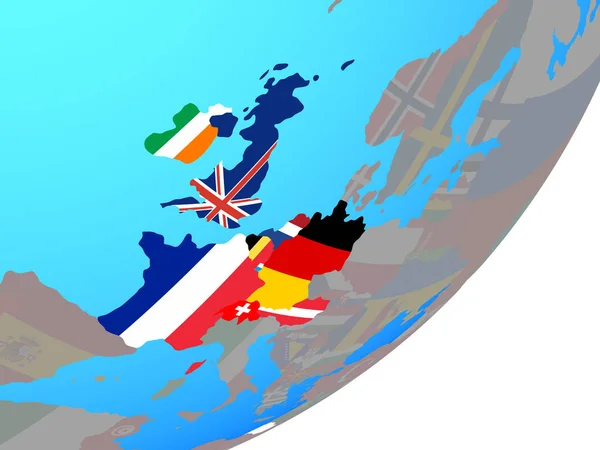 Západní Evropa Vloženými Státní Vlajka Modré Politické Globe Obrázek — Stock fotografie