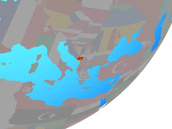 黑山在蓝色政治地球仪上镶嵌国旗 — 图库照片