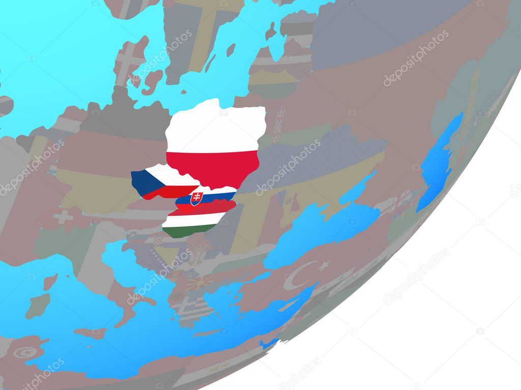 Visegrad Group with embedded national flag on blue political globe. 3D illustration.