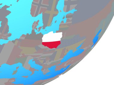 Polonya ile katıştırılmış ulusal bayrak mavi siyasi dünya üzerinde. 3D çizim.