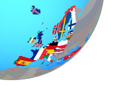OECD Avrupa üyesi bulunan katıştırılmış ulusal bayrak mavi siyasi dünya üzerinde. 3D çizim.