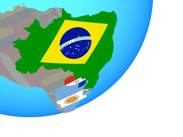 Mercosur Memebers Embedded National Flag Blue Political Globe Illustration — Stock Photo, Image