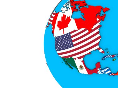 Mavi siyasi 3d dünya Ulusal bayrakları ile Kuzey Amerika. 3D çizim.