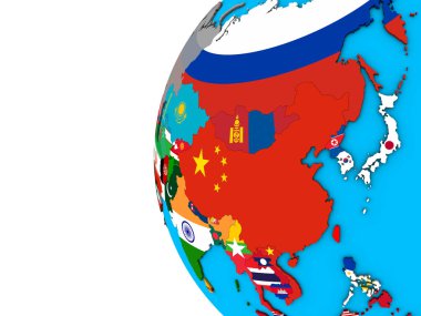 Asya mavi siyasi 3d dünya Ulusal bayrakları ile. 3D çizim.