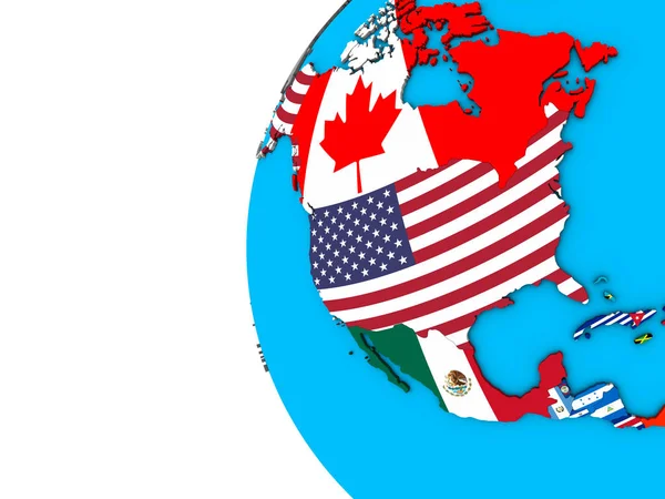 North America with national flags on blue political 3D globe. 3D illustration.