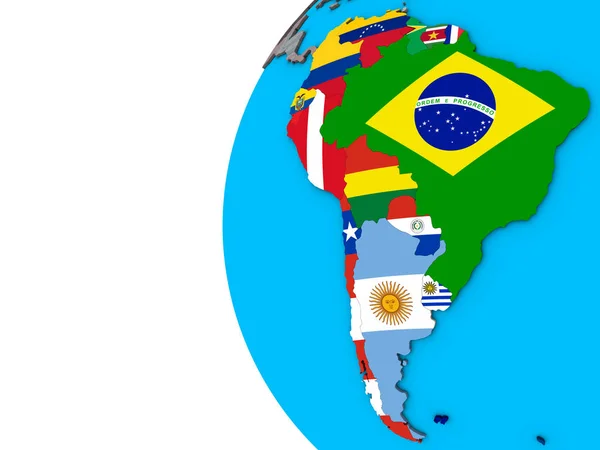 South America with national flags on blue political 3D globe. 3D illustration.