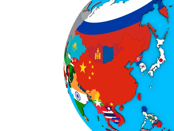 Asia Con Bandiere Nazionali Sul Globo Blu Politico Illustrazione — Foto Stock