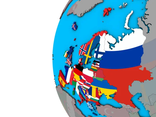 欧洲与国旗在蓝色政治3D — 图库照片