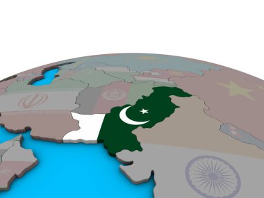 Pakistan siyasi 3d dünya üzerinde katıştırılmış ulusal bayrak ile. 3D çizim.