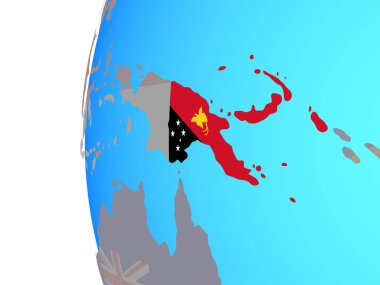 Papua Yeni Gine katıştırılmış ulusal bayrak mavi siyasi dünya üzerinde. 3D çizim.