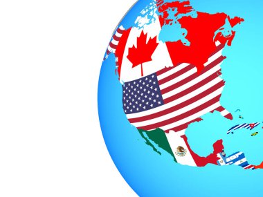 Mavi siyasi dünya üzerinde katıştırılmış ülke bayrakları ile Kuzey Amerika. 3D çizim.