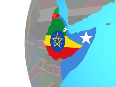 Afrika Boynuzu mavi siyasi dünya üzerinde katıştırılmış ülke bayrakları ile. 3D çizim.