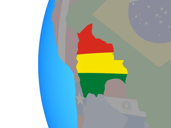 Boliwia Osadzonych Flagi Narodowej Niebieski Globus Polityczny Ilustracja — Zdjęcie stockowe
