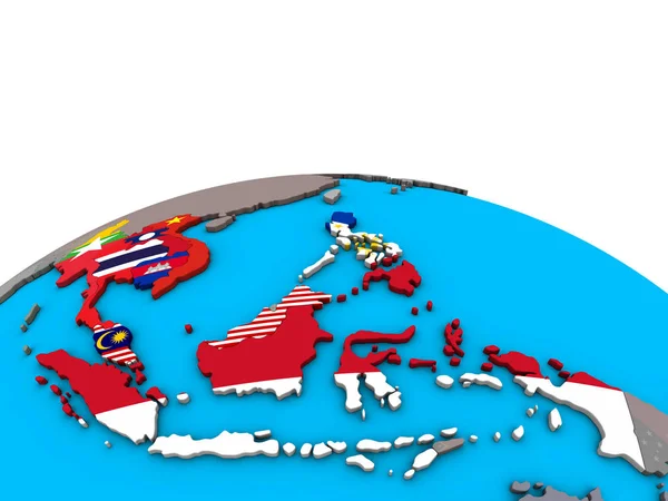 东盟成员国在政治3D 地球上嵌入国旗 — 图库照片
