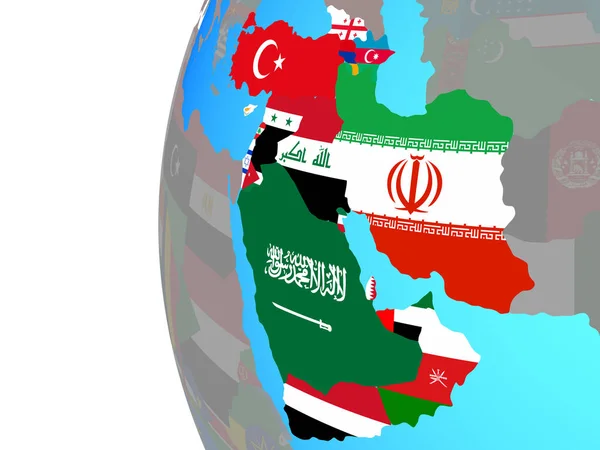 Westasien Mit Eingebetteten Nationalflaggen Auf Blauem Politischen Globus Illustration — Stockfoto