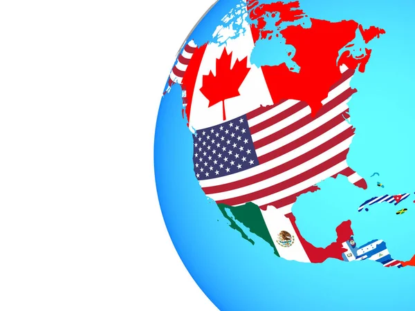 Nordamerika Med Inbäddade Nationsflaggor Blå Politiska Jordglob Illustration — Stockfoto