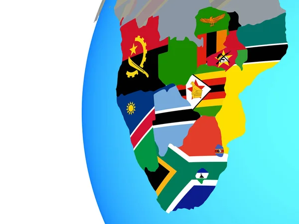 Zuidelijk Afrika Met Ingesloten Nationale Vlaggen Blauwe Politieke Wereldbol Illustratie — Stockfoto