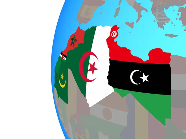 Maghreb Regio Met Ingesloten Nationale Vlaggen Blauwe Politieke Wereldbol Illustratie — Stockfoto