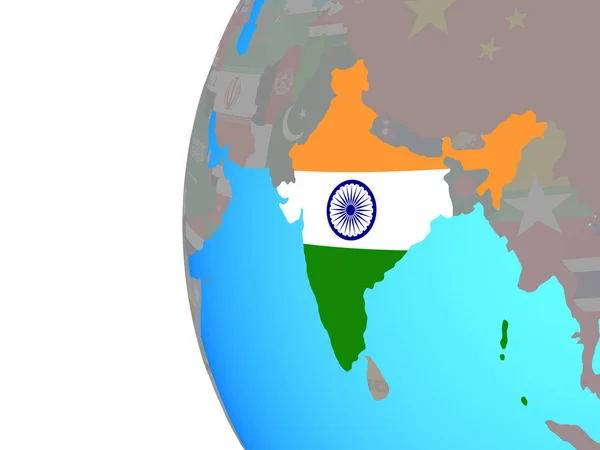 印度在蓝色政治地球仪上嵌入了国旗 — 图库照片