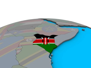 Kenya ile siyasi 3d dünya üzerinde katıştırılmış ulusal bayrak. 3D çizim.
