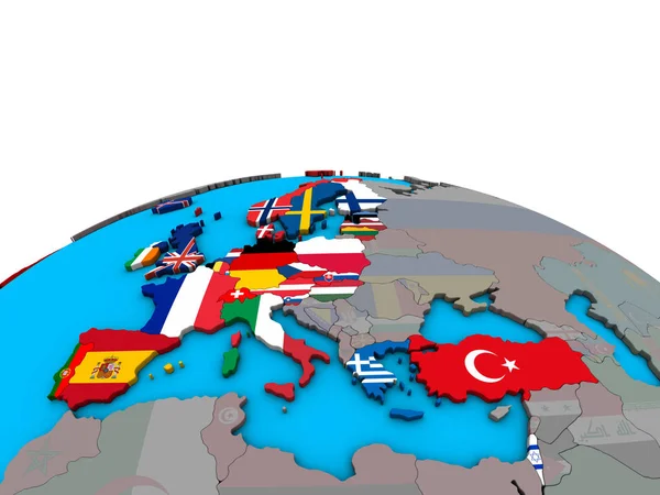 Oecd Europäische Mitglieder Mit Eingebetteten Nationalflaggen Auf Politischen Globus Illustration — Stockfoto