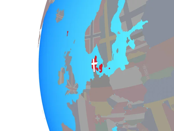 丹麦在蓝色政治地球上用嵌入的国旗 — 图库照片