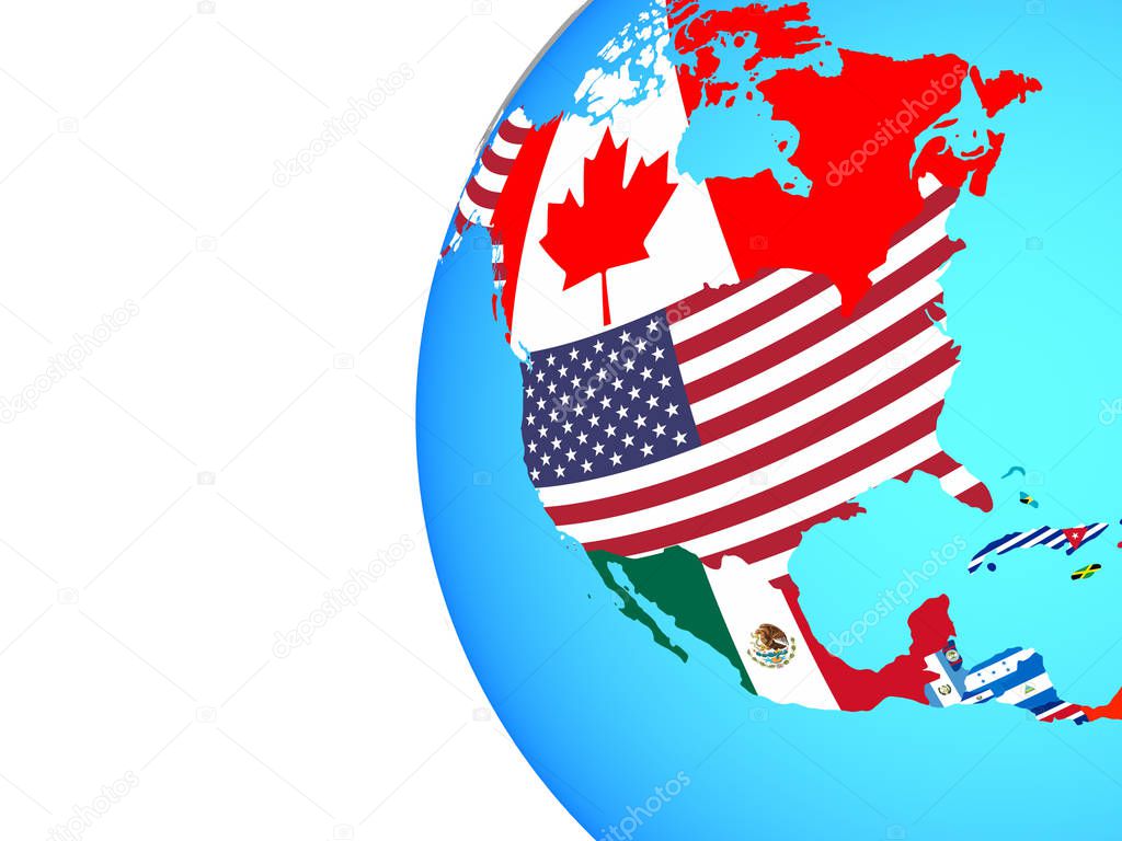 North America with embedded national flags on blue political globe. 3D illustration.