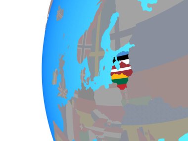 Mavi siyasi dünya üzerinde katıştırılmış ülke bayrakları ile Baltık ülkeleri. 3D çizim.
