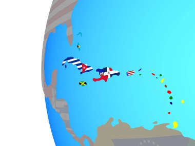 Karayipler mavi siyasi dünya üzerinde katıştırılmış ülke bayrakları ile. 3D çizim.