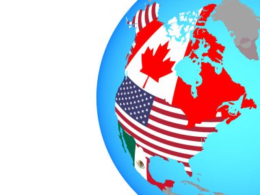 NAFTA ülkeleri mavi siyasi dünya üzerinde katıştırılmış ülke bayrakları ile. 3D çizim.