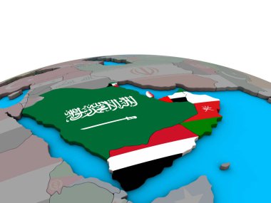 Arabistan siyasi 3d dünya üzerinde katıştırılmış ülke bayrakları ile. 3D çizim.