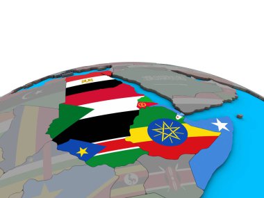 Siyasi 3d dünya üzerinde katıştırılmış ülke bayrakları ile kuzeydoğu Afrika. 3D çizim.