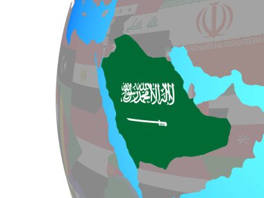 Suudi Arabistan ile katıştırılmış ulusal bayrak mavi siyasi dünya üzerinde. 3D çizim.