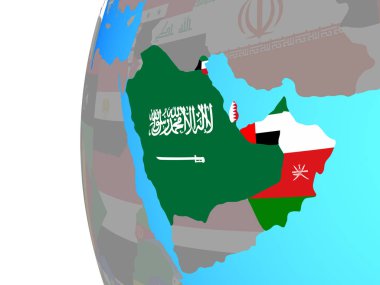 Mavi siyasi dünya üzerinde katıştırılmış ülke bayrakları ile Ccasg ülke. 3D çizim.