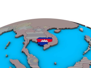 Kamboçya ile siyasi 3d dünya üzerinde katıştırılmış ulusal bayrak. 3D çizim.