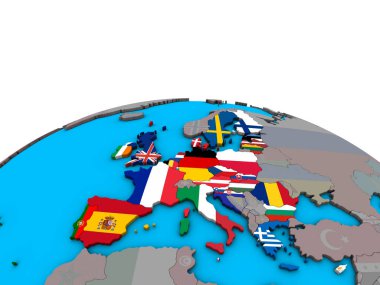 Avrupa Birliği ile siyasi 3d dünya üzerinde katıştırılmış ülke bayrakları. 3D çizim.