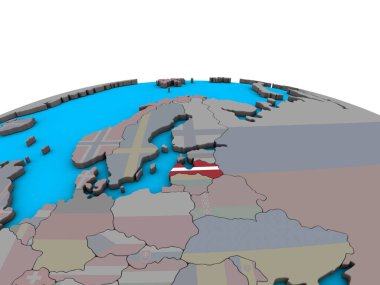 Letonya ile siyasi 3d dünya üzerinde katıştırılmış ulusal bayrak. 3D çizim.