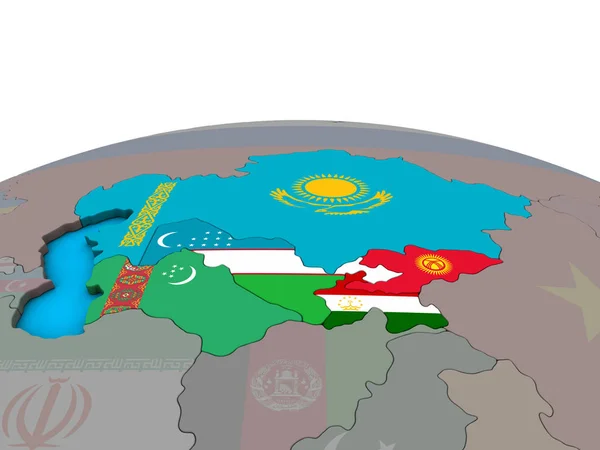 Asie Centrale Avec Des Drapeaux Nationaux Intégrés Sur Globe Politique — Photo