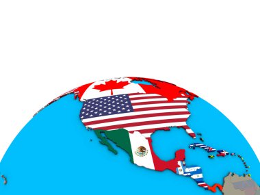 Siyasi 3d dünya üzerinde katıştırılmış ülke bayrakları ile Kuzey Amerika. 3D çizim.