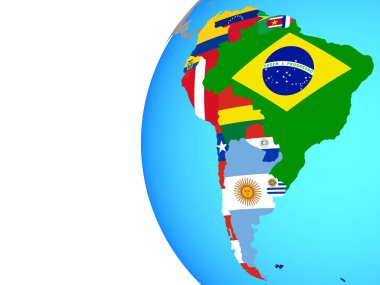 Mavi siyasi dünya üzerinde katıştırılmış ülke bayrakları ile Güney Amerika. 3D çizim.