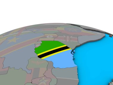 Tanzanya ile siyasi 3d dünya üzerinde katıştırılmış ulusal bayrak. 3D çizim.